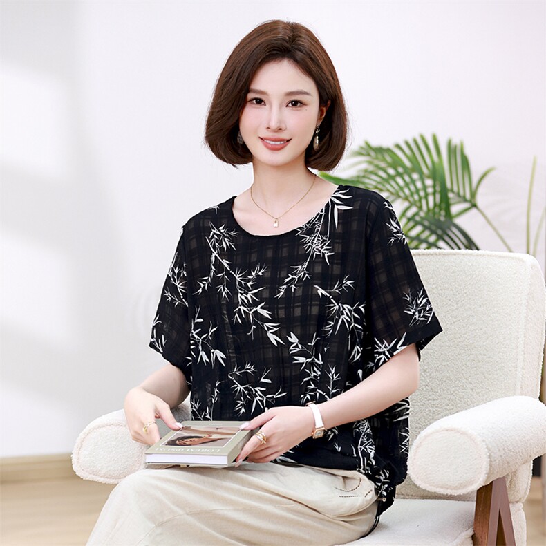 时尚竹叶印花宽松短袖T恤女夏季新款韩版百搭显瘦上衣,女装衬衫,叶笙衣