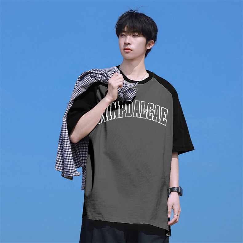 抖音得物供货240克宽松纯棉美式潮牌印花插肩袖拼接短袖T恤AT1504,男装T恤,电商A443