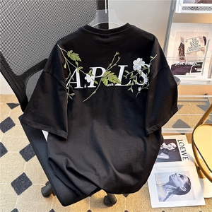 重工街头新中式花卉刺绣廓形短袖T恤男女潮百搭圆领夏装上衣服图片
