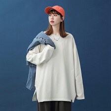 2025春装新款 中性纯色宽松圆领侧边开叉长T恤 T508 P35 控48图片