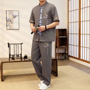 潮风套装男新中式短袖衬衫时尚休闲长裤两件套JZ303-P63图片