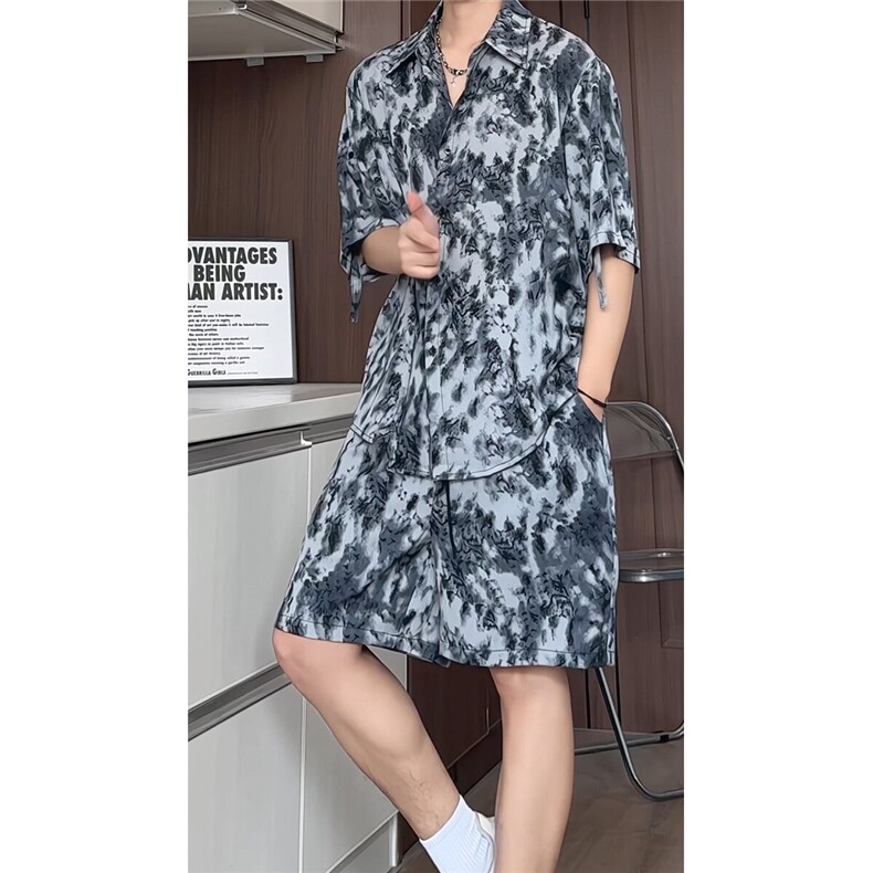 1短袖衬衫男+短裤潮流休闲套装男M-5XL大码TZ78708P50控98模特图，男装休闲套装，星座226-2