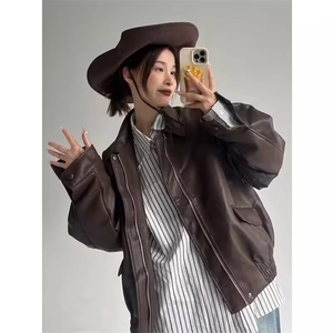 皮衣女外套2025新款春秋季美式复古棕色皮夹克机车咖色美拉德穿搭