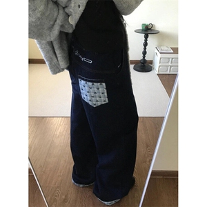 蝴蝶结格子拼接设计感阔退牛仔裤休闲裤N1930