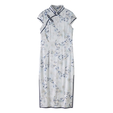 杭州品质真丝长裙复古印花连衣裙女春夏日常修身清新淡雅真丝旗袍，女装汉服/婚纱/旗袍/礼服，小荷流