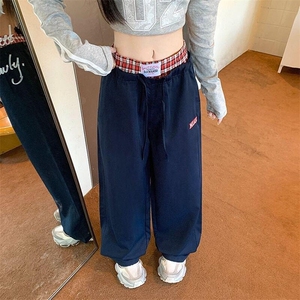 复古格子拼接假两件休闲裤女春秋季双腰头运动阔腿裤KA204