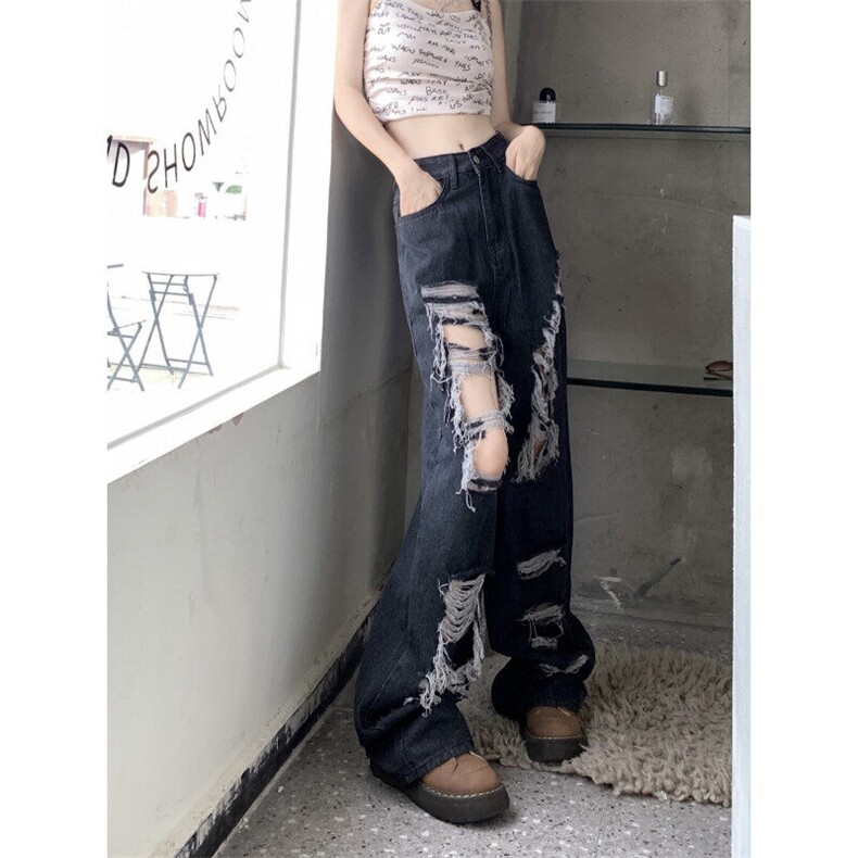 7880-P45优质版嘻哈设计感破洞牛仔裤女新款宽松直筒阔腿裤,女装牛仔裤,电商A306A