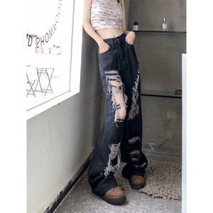 7880-P45优质版嘻哈设计感破洞牛仔裤女新款宽松直筒阔腿裤