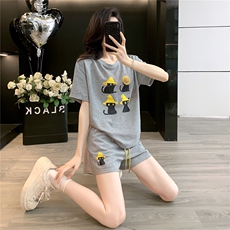 韩版休闲时尚套装女夏款个性简约圆领印花刺绣上衣阔腿短裤两件套，女装套装/套裙，江南