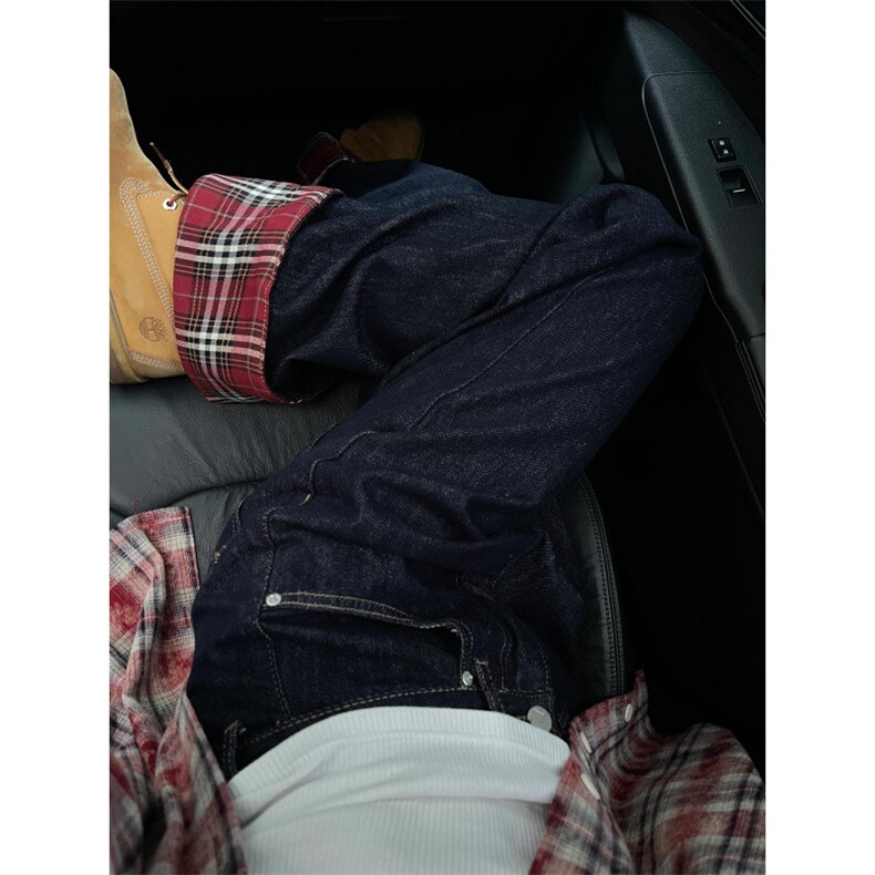小众格子拼接卷边深蓝色牛仔裤男女薄款阔腿拖地长裤N936,男装牛仔裤,星座1116A（原606A-3）