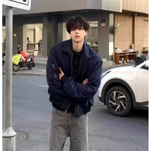 复古藏蓝色工装外套男款棉衣设计感高街棒球服飞行员夹克 M8212图片