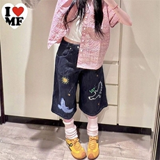 美式刺绣小鸟七分牛仔裤女夏季新款宽松阔腿百搭牛仔短裤，男装牛仔裤，星座601-1