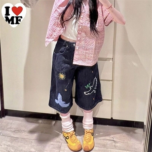 美式刺绣小鸟七分牛仔裤女夏季新款宽松阔腿百搭牛仔短裤图片