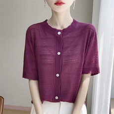 法式镂空冰麻针织短袖T恤女开衫2025夏薄透气显瘦上衣半袖t恤衫，女装T恤，凯思米羊绒