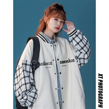 中性风秋季宽松休闲棒球服拼色情侣外套女G6705P85控108，女装短外套，电商A268