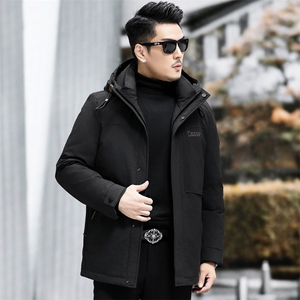 冬款90%灰鸭绒中年羽绒服大衣男士加厚连帽中长款青年羽绒服外套