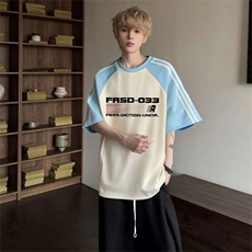 抖音得物品质二开240克宽松纯棉美式潮牌插肩三杠织带短袖T恤，男装T恤，电商A486