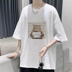 韩系素简卡通猫印花短袖T恤百搭大码宽松男潮517A-1-T916-P28控38图片