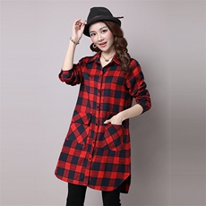 格子立领排多扣2021新款长袖中长款直筒口袋衬衫，女装衬衫，独衣靓