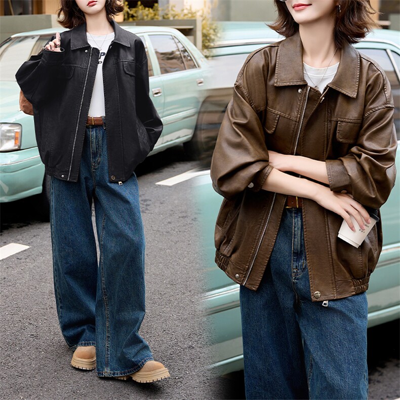 美拉德皮衣外套女早秋学院风棕色皮衣美式痞帅皮夹克2024新款高级，女装皮衣，江南女神