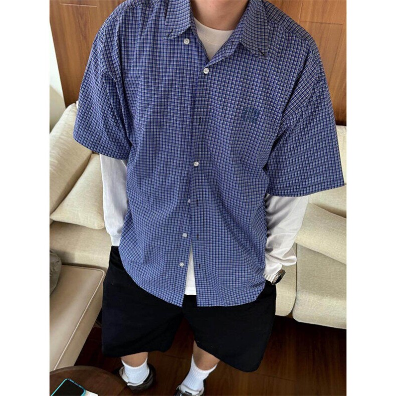 蓝色格子衬衫短袖男古着vintage高级感潮牌宽松格纹衬衣外套CCS43,男装衬衫,星座1116A（原606A-3）