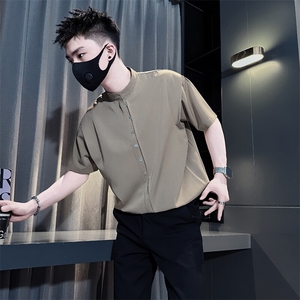 立领衬衫男短袖宽松肩膀拼接设计半袖社会小伙301C-CS15-P58控78