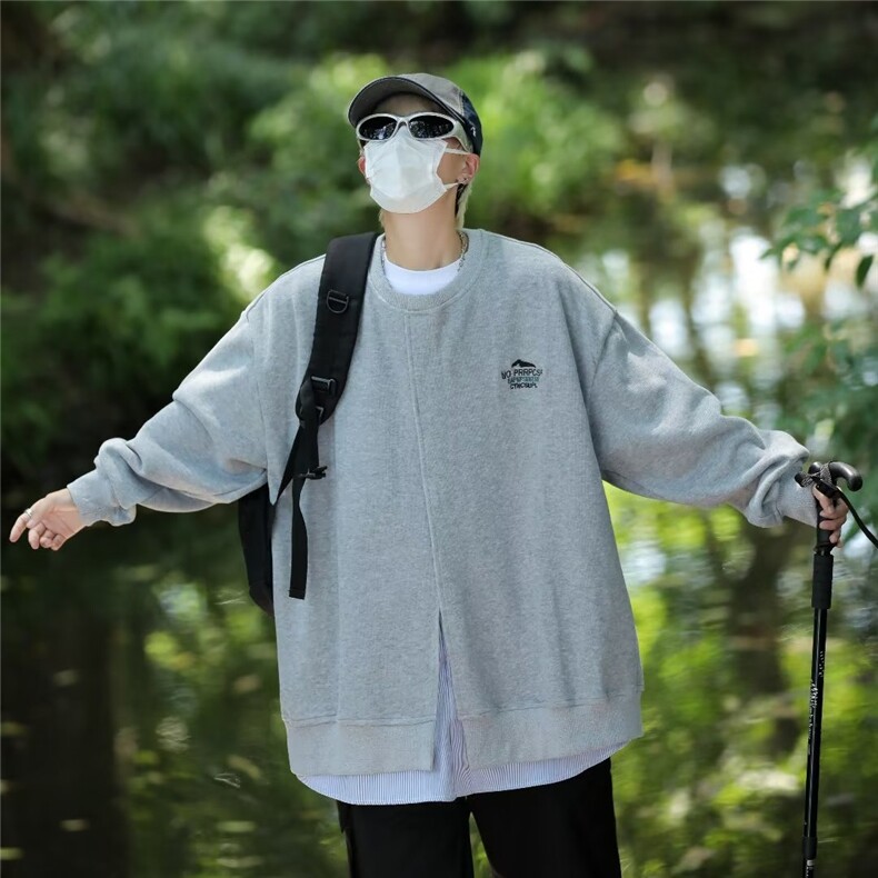 假两件条纹衬衫字母拼接圆领卫衣男士潮牌宽松休闲学生百搭外套,男装针织衫/毛衣,星座716-4