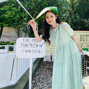 法式温柔风系带圆领连衣裙女2025夏季新款韩版宽松显瘦木耳边长裙图片