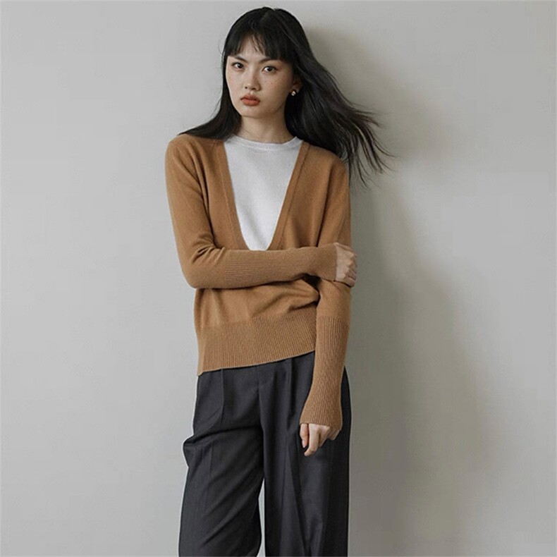 深U领假两件上衣100羊毛衫针织打底衫百搭毛衣套头衫2024秋,女装羊毛衫,泰沅羊绒