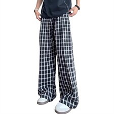 美式高街潮牌男女泡泡格子休闲裤直筒宽松慵懒显瘦阔腿休闲长裤子，男装休闲裤，电商A443