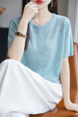 2025夏季圆领正肩短袖T恤女休闲针织开衫外搭小衫纯色百搭上衣薄，女装针织衫/毛衣，源达羊绒