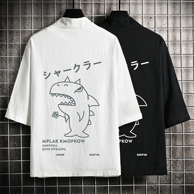 HF59092-P40风汉服男开衫外套七分袖道袍网格挂拍,男装民族服装,电商A040A