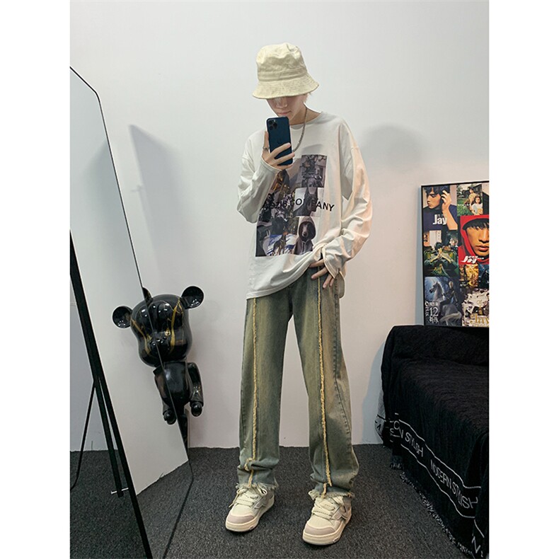 美式ins高街hiphop重工艺水洗毛边牛仔裤货号K712P65,男装牛仔裤,电商A063