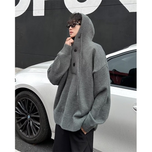 WJ9915-P75潮牌美式2025秋冬季连帽针织毛衣男复古纯色休闲毛衣