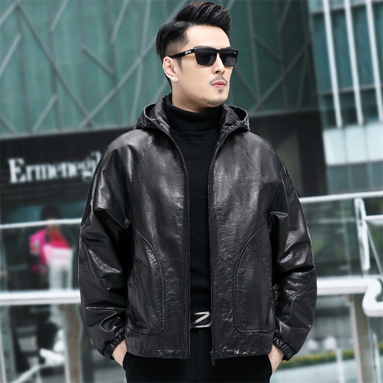 海宁男士皮衣男油蜡牛皮外套阔版简约连帽夹克大码男装P780，男装皮衣，电商B360