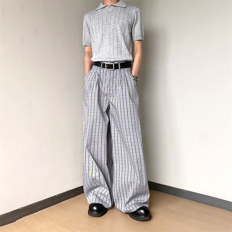 W10189-P55网图现货美式复古cleanfit灰色格纹休闲裤宽松阔腿裤,男装休闲裤,星座1608