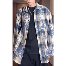 美式扎染条纹格子衬衫男女复古长袖衬衫上衣外套C2239-特价P28，男装衬衫，电商A007