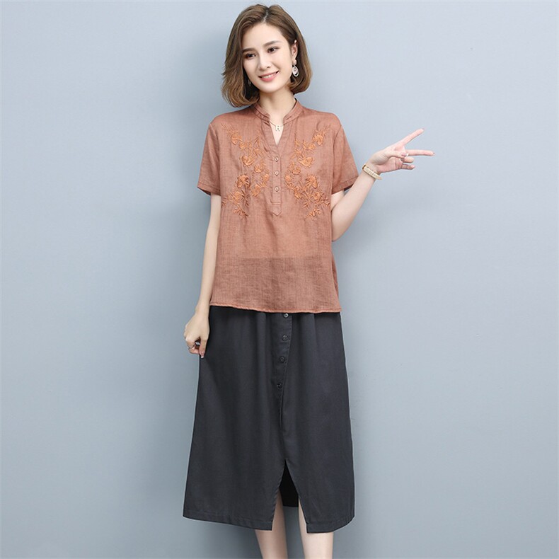 2021夏季新款简约气质V领绣花上衣时尚开叉裙摆两件套裙，女装套装/套裙，丽影随形