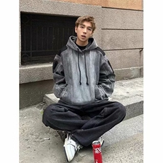 春秋美式街头嘻哈拼接牛仔夹克情侣水洗做旧宽松连帽外套机能风潮，男装夹克，星座506