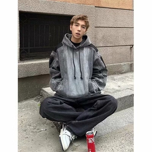 春秋美式街头嘻哈拼接牛仔夹克情侣水洗做旧宽松连帽外套机能风潮图片