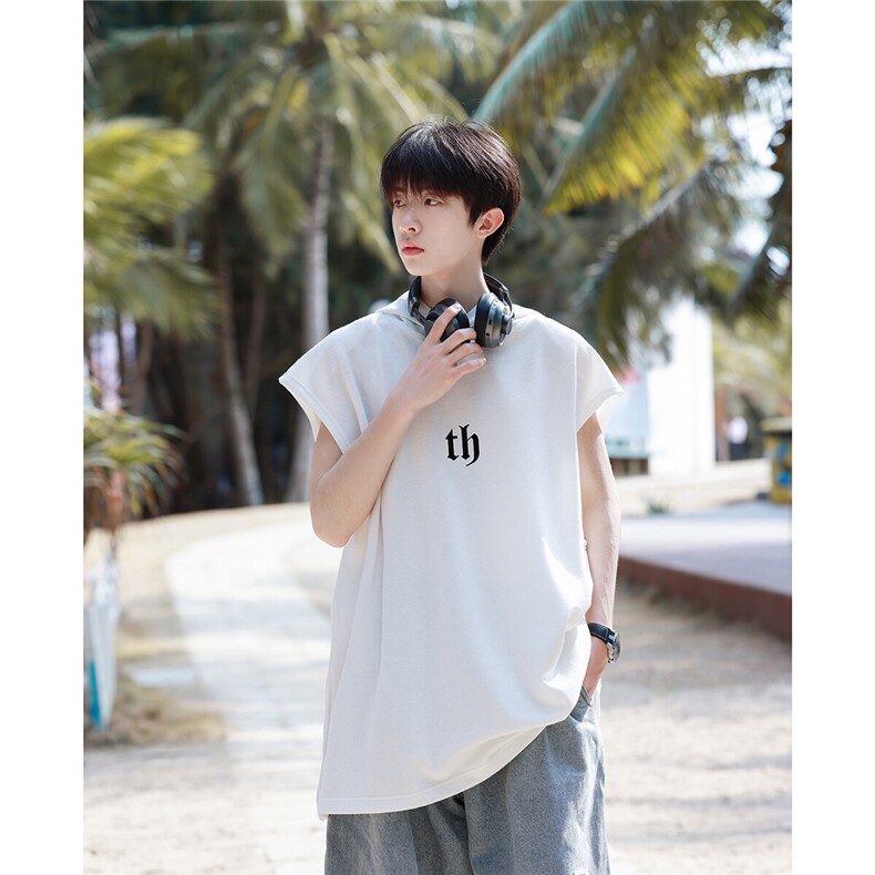 2025夏季新款精致简约字母印花青少年连帽无袖T恤背心B10/P35控48,男装背心/马甲,电商A148