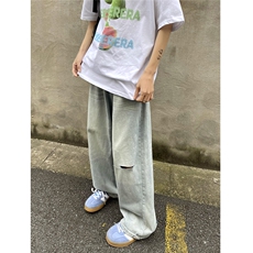 现货~夏日清爽蓝色宽松直筒破洞牛仔裤3XZ502-K757-P55控79，男装牛仔裤，星座502