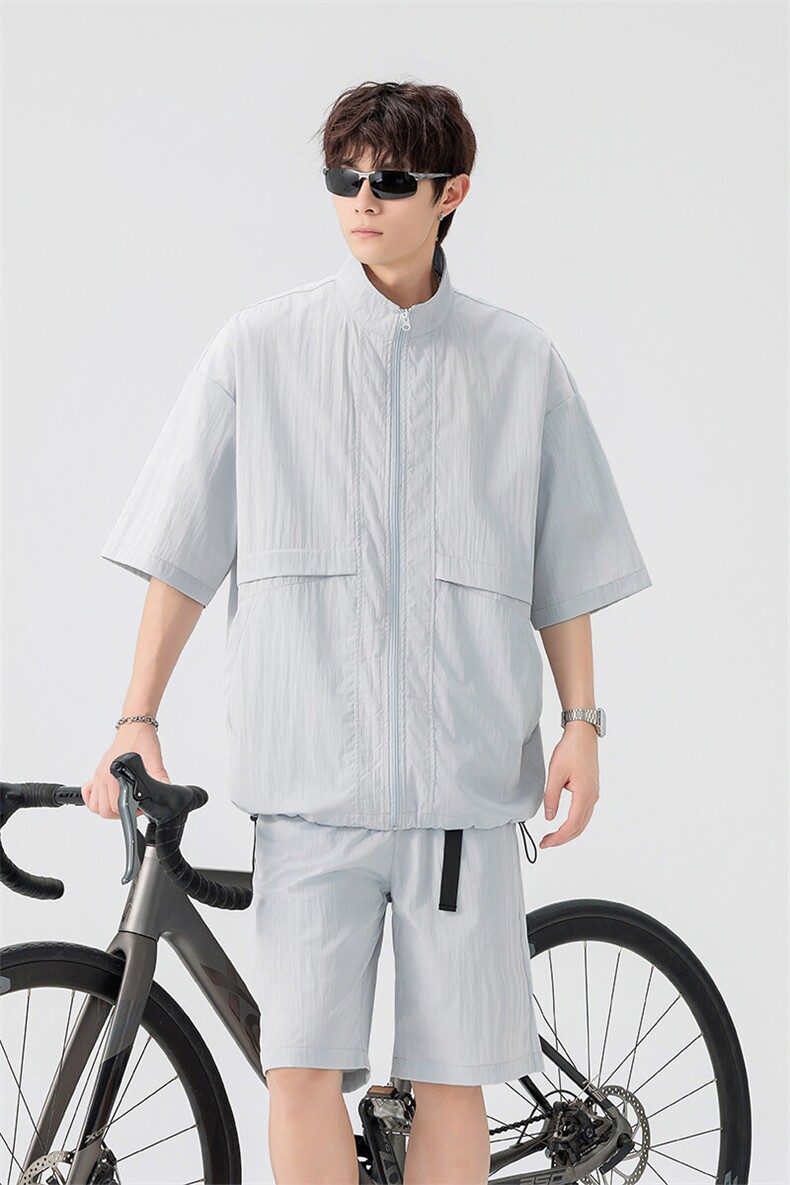 特批P50无差价夏季薄款冰丝凉感立领男宽松户外运动两件套TZ5584,男装休闲套装,电商A001-1