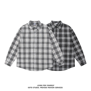 现货~格子衬衫春夏美式蓝黑色格子衬衫3D得物白底 CS275-P35图片