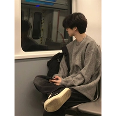 灰色破坏风毛衣男秋冬季潮牌痞帅慵懒cleanfit宽松内搭针织打底衫，男装T恤，四季星座505