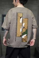 已做版权现货夏季亚麻潮宽松仙鹤大码棉麻短袖MT01-P35控58，男装T恤，星座205-5