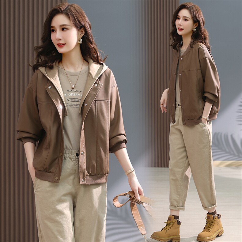 可拆卸帽子皮衣女2025新款秋冬装妈妈短款小个子休闲夹棉外套上衣,女装皮衣,文熹诺