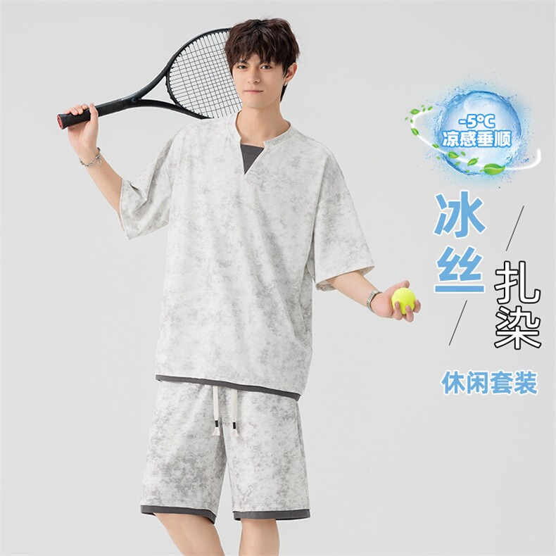 GENIOLAMOD假俩件V领t恤休闲运动套装男士夏季扎染设计感俩件套潮图片