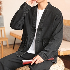春秋大码道袍日系复古牛仔衣外套盘扣新中式夹克潮中性F26/P110，男装工装外套，钱塘713