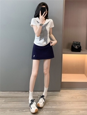 时尚运动套装裙女夏新款俏皮可爱蝴蝶结海军领短袖上衣裤裙两件套，女装套装/套裙，江南